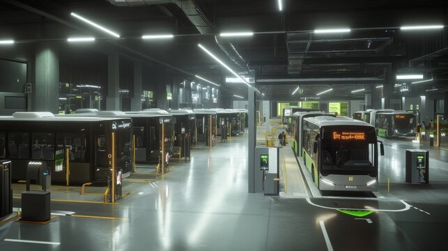 A fleet of electric buses is parked and charging in a sleek, well-lit transport facility. - Powered by Adobe