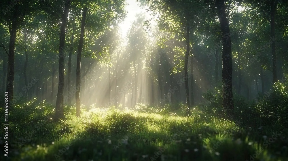 Poster tranquil forest scene with sunlight streaming through the dense foliage creating a warm inviting atm