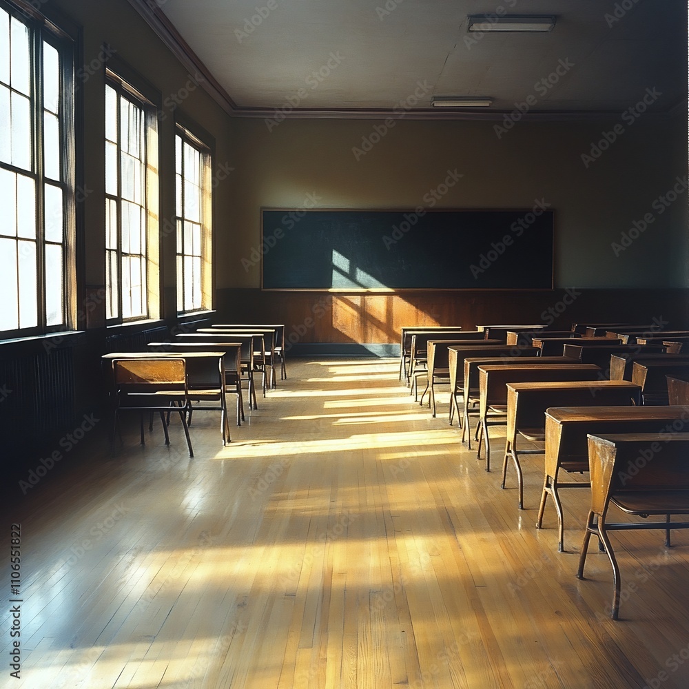 Aufkleber tranquil empty classroom scene featuring rows of wooden desks and chairs a chalkboard at the front a