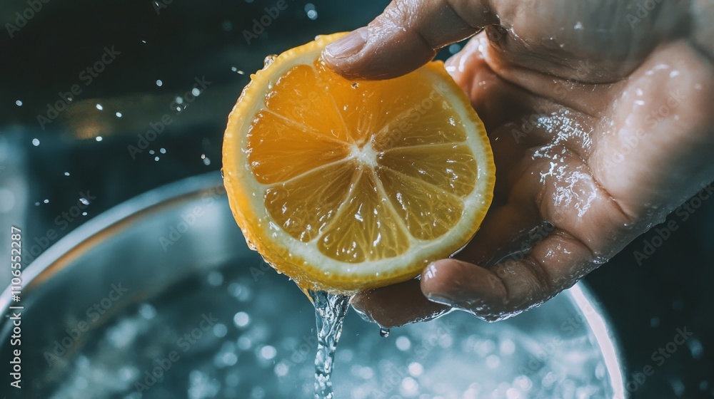 Aufkleber A hand holds a fresh lemon half over a pot of water, squeezing it to extract juice. Water droplets sparkle as they fall, creating a refreshing atmosphere in the kitchen.