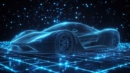 A wireframe hologram of an Indy car on the track, glowing blue lights, speed and motion, detailed racing wheels with low-profile tires