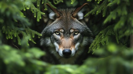 Fototapeta premium A wolf looks directly at the camera from inside a green forest.
