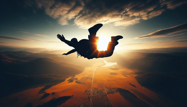 A skydiver moments before landing, silhouette, action photography, aesthetics,