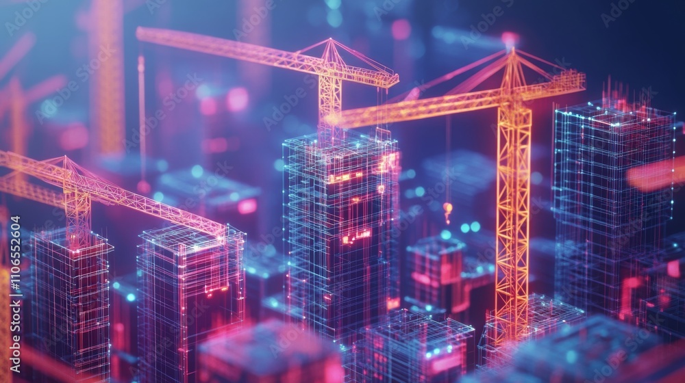 Aufkleber digital construction techniques are transforming real estate development, showcasing vibrant cranes 