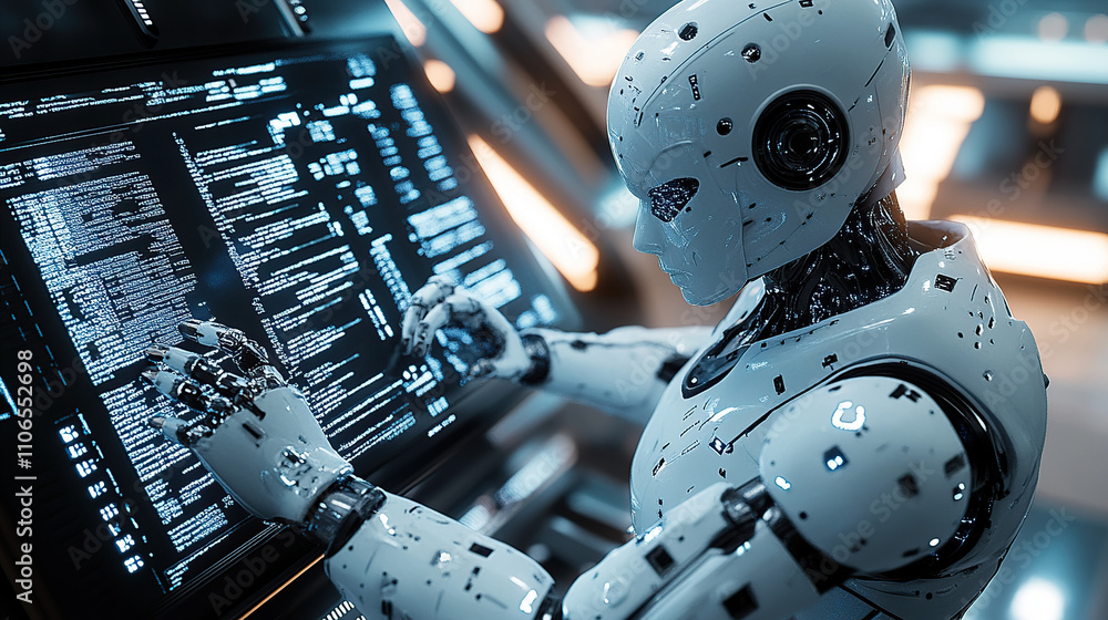Aufkleber a humanoid robot is working on a computer, in a futuristic style with a white color tone