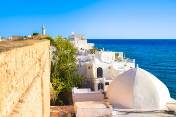 View of the roofs of white houses in the medieval medina of Hammamet, Tunisia.