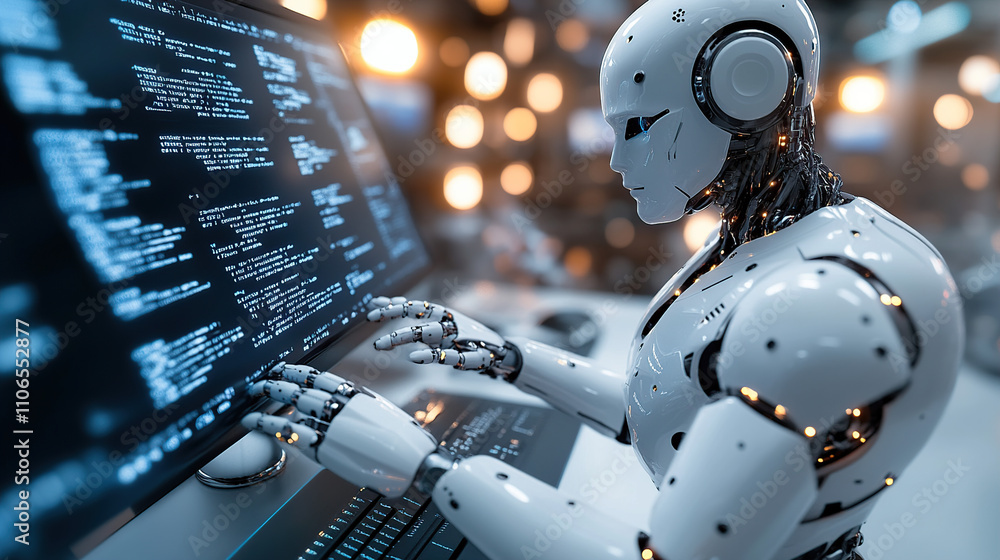 Poster a humanoid robot is working on a computer, in a futuristic style with a white color tone