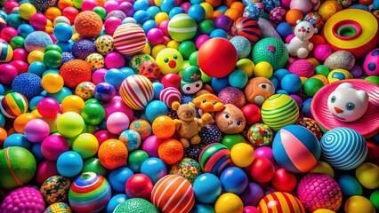 Fototapeta premium A Vibrant Collection of Colorful Balls and Toys Showcasing Diversity and Playfulness in a Whimsical Arrangement on a Soft Surface Capturing Childhood Joy and Imagination