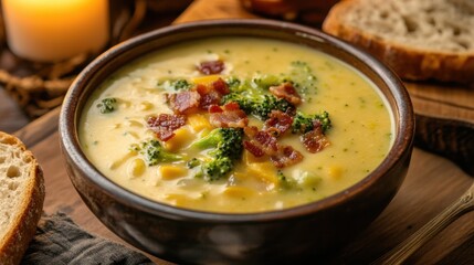 A bowl of creamy broccoli cheddar soup garnished with crumbled bacon, Soup in bowl, Soft candlelight creating a cozy atmosphere
