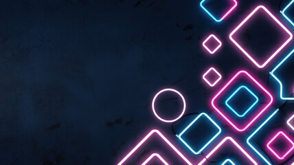 Vibrant neon blue and pink geometric shapes on a dark background, creating an energetic and modern atmosphere.