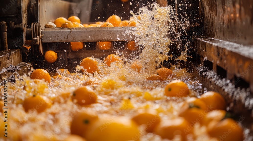 Poster Whole oranges cascade through a juicing machine, creating a lively splashing effect with juice and pulp everywhere.