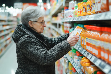 Elderly customer reading product information while comparing it with her grocery list in a supermarket