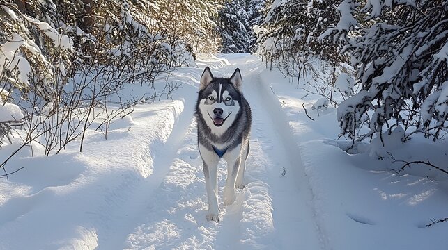 A majestic Siberian Husky stands in a snowy mountainous landscape its piercing blue eyes gazing intently at the The dog s thick fluffy coat and powerful build suggest its adaptation to the harsh