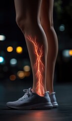 Depiction of nerve pain and fatigue: a person with exhausted legs, showing physical strain of nerve pain, focusing on discomfort and heaviness that comes with persistent aching in the lower body.