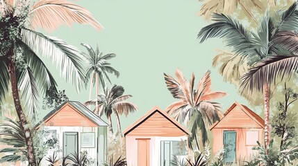 Tropical Beach Houses nestled among Lush Palm Trees, a serene coastal scene.