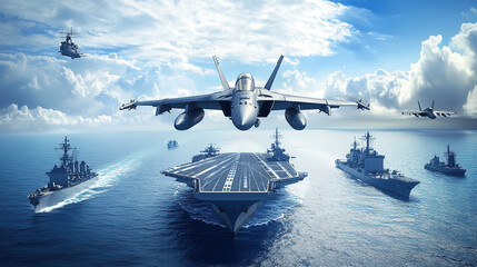 A fighter jet flying over the ocean with an aircraft carrier and ships in the background