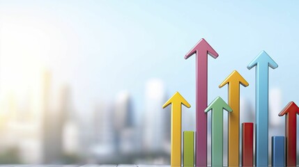 Dynamic economic trends market volatility predictions represented by colorful upward and downward arrows in a cityscape.