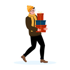 Cheerful young man carrying colorful gifts during winter celebrations