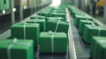 Fototapeta premium A green box with a green bow on it. The box is on a conveyor belt. There are many green boxes on the conveyor belt