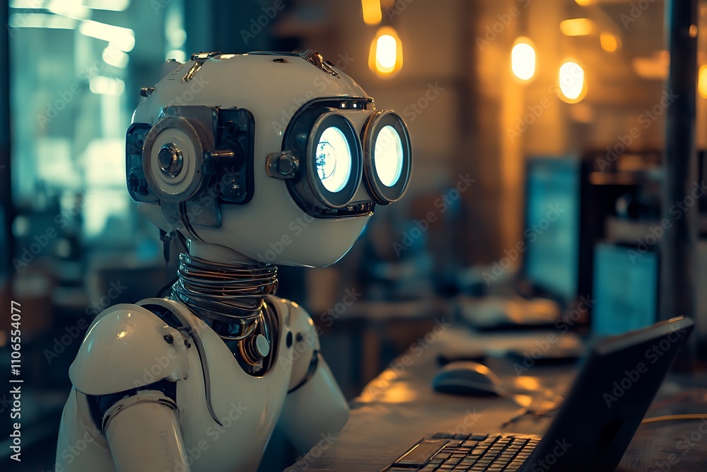 Poster futuristic robot working at a computer. concept of artificial intelligence, technology, and the futu