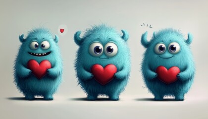 Fototapeta premium Adorable Blue Monsters Holding Hearts Cute Illustrations for Valentine's Day