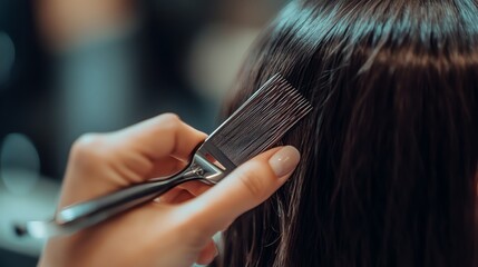 Naklejka premium A hairdresser combs a woman's hair.