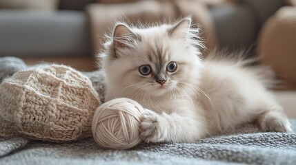 Adorable fluffy Persian kitten playing with a ball of yarn in a cozy and elegantly decorated living room with plush furniture and home decor