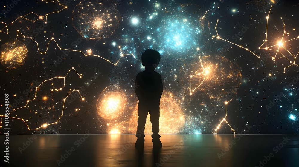 Poster a child standing mesmerized in front of a glowing planetarium display, with constellations projected