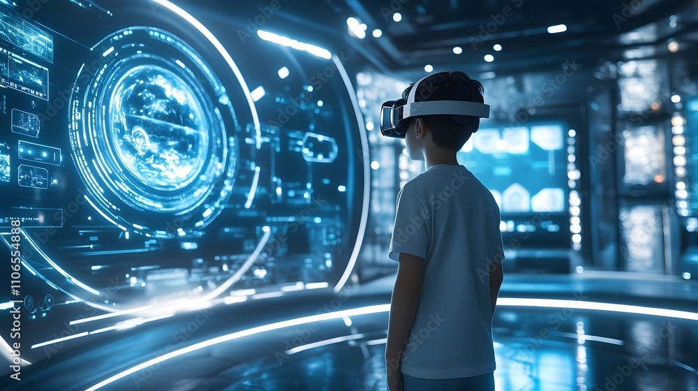 Poster a boy wearing virtual reality goggles in a tech museum, experiencing an immersive journey through sp