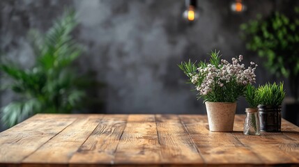 Rustic wooden table with flowers and plants.