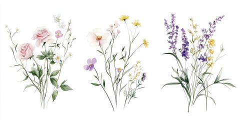 Watercolor Flower Bouquet Collection with Green Leaves and Colorful Buds for Wedding Stationery and Floral Designs
