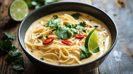 A bowl of creamy coconut curry noodles garnished with fresh cilantro and sliced red chili peppers, Coconut curry noodles bowl centered, Soft natural light highlighting its aromatic spices