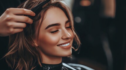 Fototapeta premium A hairdresser combs a woman's hair in a salon.