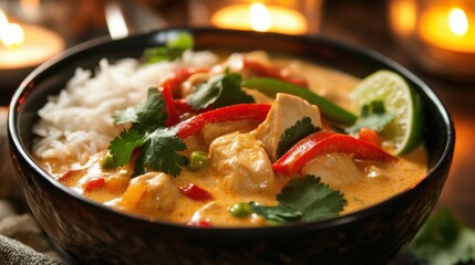 A bowl of creamy coconut curry served with tender chicken, bell peppers, and jasmine rice