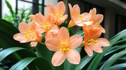 Fototapeta premium Delicate Peach Flowers Surrounded by Lush Green Leaves Indoor