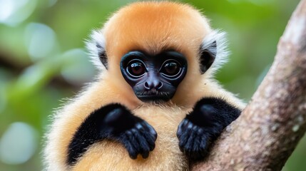 Obraz premium Cute Baby Monkey Sitting on Tree Branch in Vibrant Green Forest