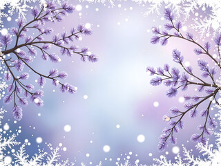 Obraz premium Delicate frosty branches with lavender blossoms in a soft winter background, digital illustration of nature concept.