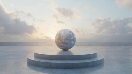 A Gray Earth Sphere on a Stone Platform in a Calm Sea