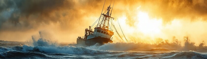 Obraz premium Commercial shrimp trawler operating near the Gulf of Mexico, bright sunlight reflecting on the waves