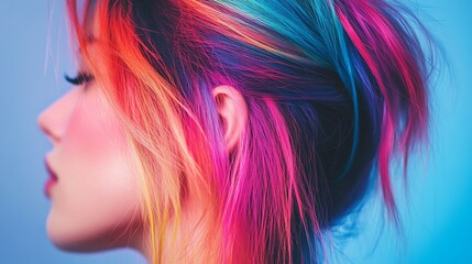 A woman with rainbow colored hair looks towards the camera.
