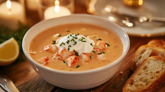 A bowl of creamy lobster bisque garnished with a dollop of cr&egrave;me fra&icirc;che and chives, served with crusty French bread for dipping, Lobster bisque centered
