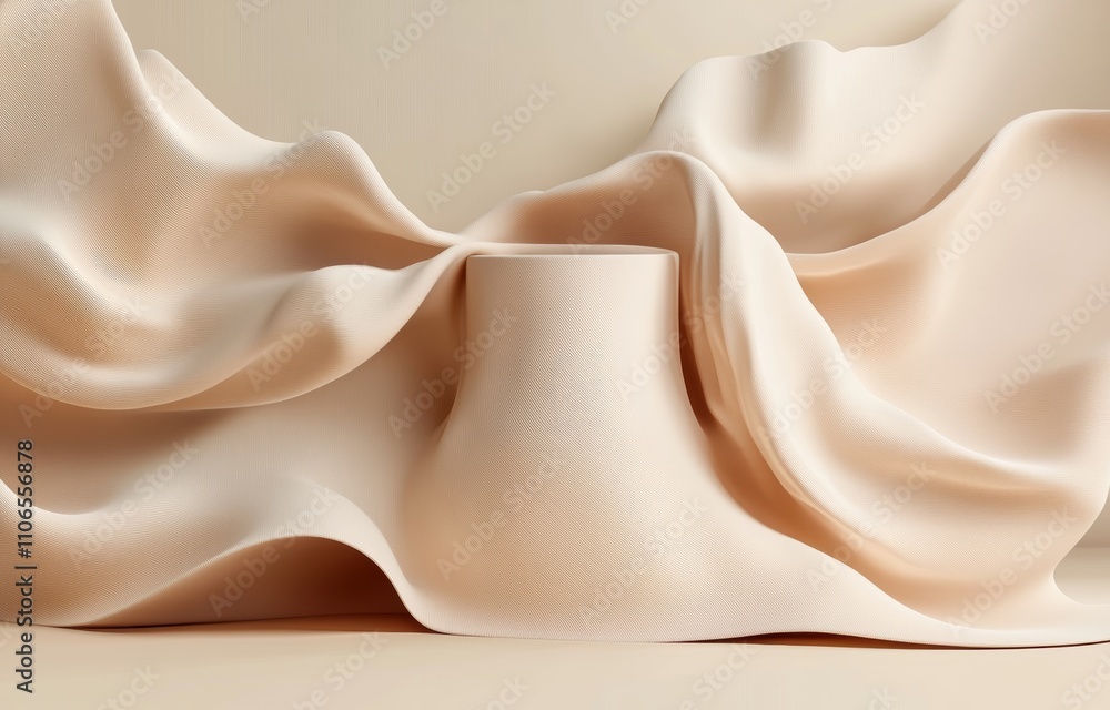 Poster luxury abstract display podium with soft silk curtain on beige background for cosmetic product prese