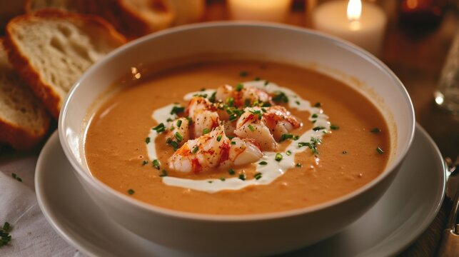 A bowl of creamy lobster bisque garnished with a drizzle of cream and chopped chives, Bisque in bowl, Soft candlelight creating an intimate ambiance
