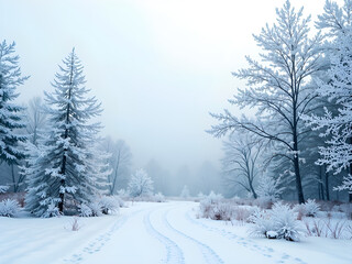 Obraz premium Luminous path through a snowy forest in winter fog, photography of landscape concept.