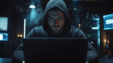 Fototapeta premium A hooded figure in a dark room uses a laptop computer, with a futuristic city lights background.