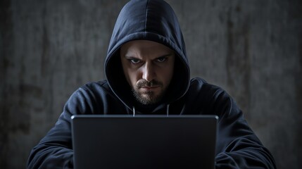 A hooded figure in a dark room uses a laptop computer, in front of a blurry background of warm lights.