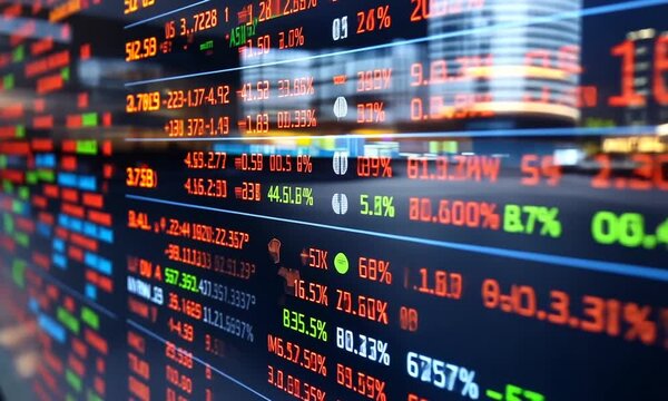 Digital stock market display with fluctuating prices and trading data.