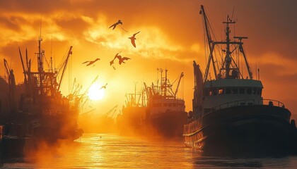 Fototapeta premium Industrial fishing port at sunrise, trawlers lined up with workers unloading catch, warm natural light