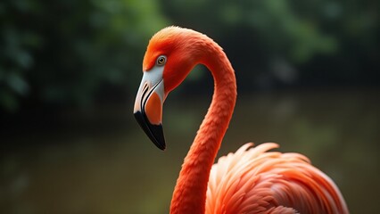 Obraz premium A stunning close-up of a flamingo, showcasing its graceful neck and bright plumage with a soft, blurred background that emphasizes its elegance.
