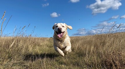 Energetic and playful Labrador Retriever dog running through a lush grassy field on a bright sunny day tongue out and full of excitement and vitality